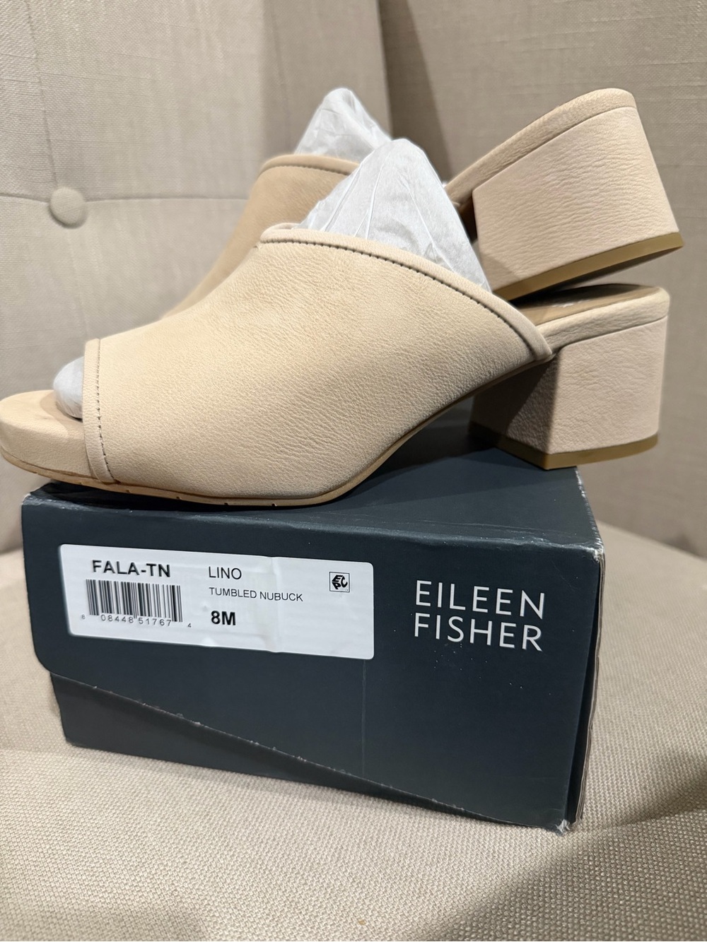 Eileen Fisher Linen Tumbled Nubuck Open-Toe Block Heel Mule - Beige